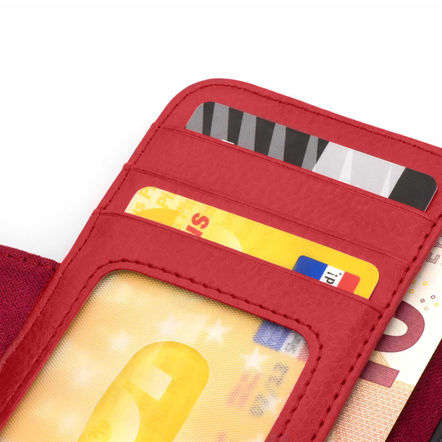 Portafoglio rosso aperto, che mostra carte e contanti, primo piano. Pelle rossa con fessura trasparente.