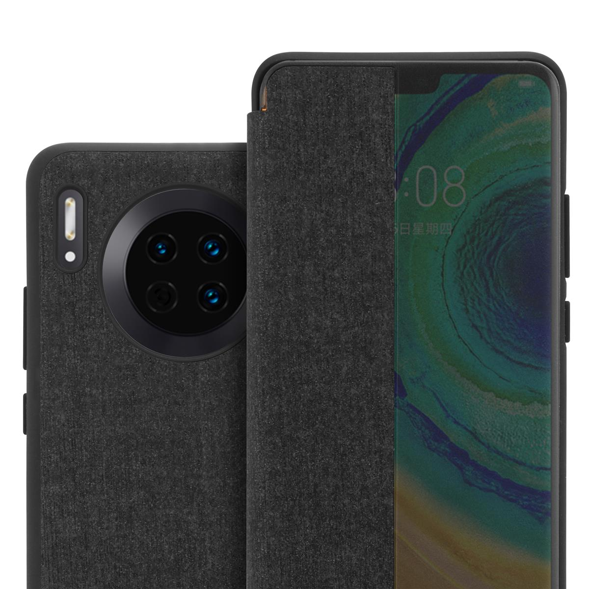 Schwarze Handyhülle mit Telefon. Die Hülle ist offen, Telefon sichtbar. Eine Kamera ist sichtbar.