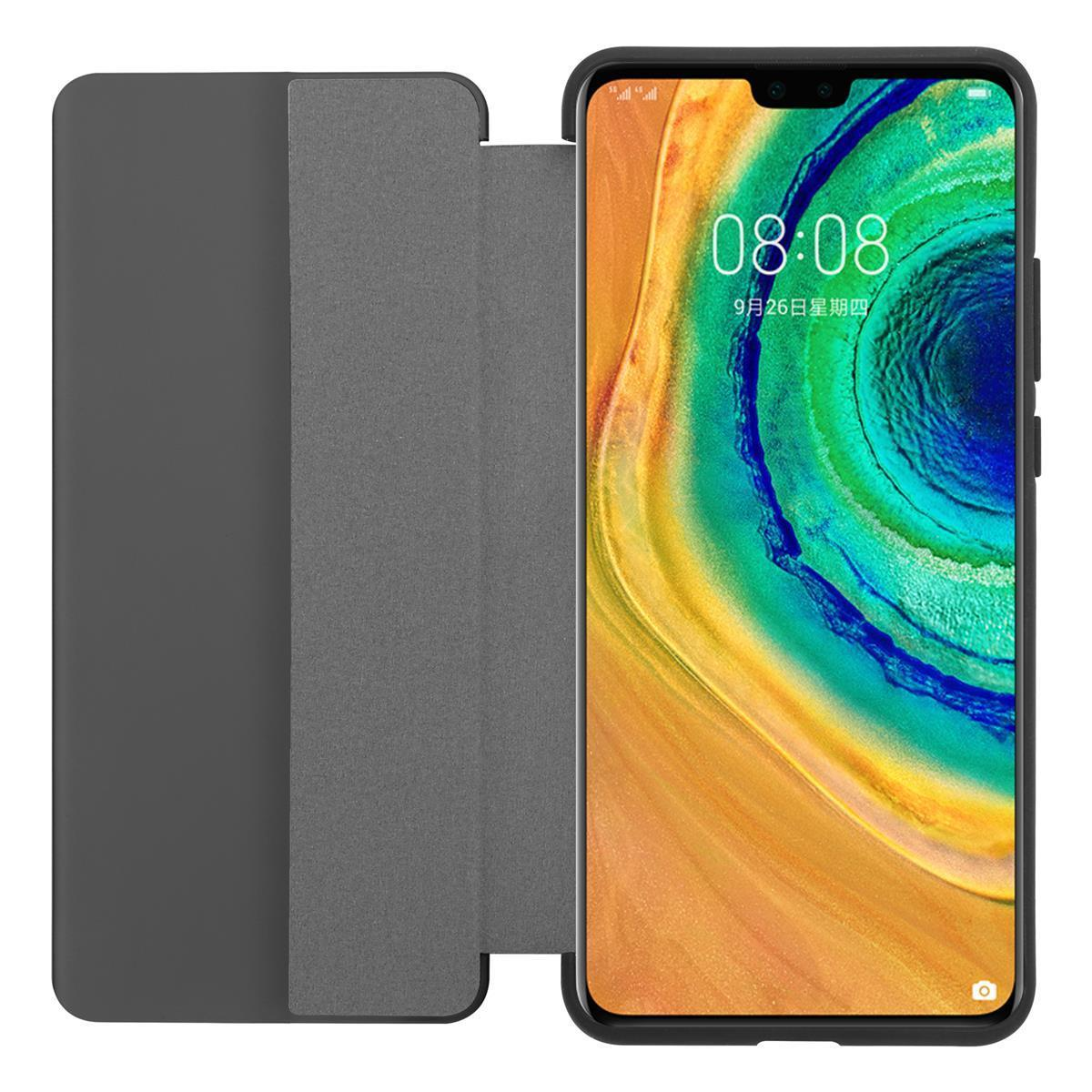 Schwarzes Telefon in grauem Gehäuse. Bildschirm zeigt Uhrzeit und Datum. Das Gehäuse ist teilweise geöffnet.
