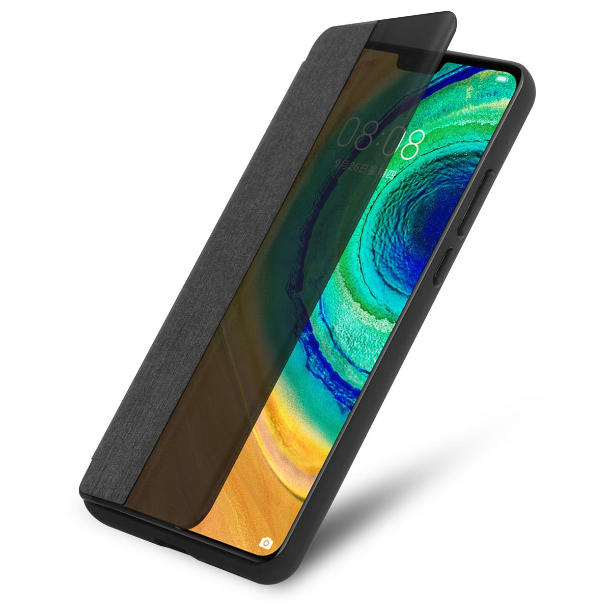 Handyhülle mit Telefon, Zeit angezeigt. Die Hülle ist grau und schwarz, seitlich geöffnet.