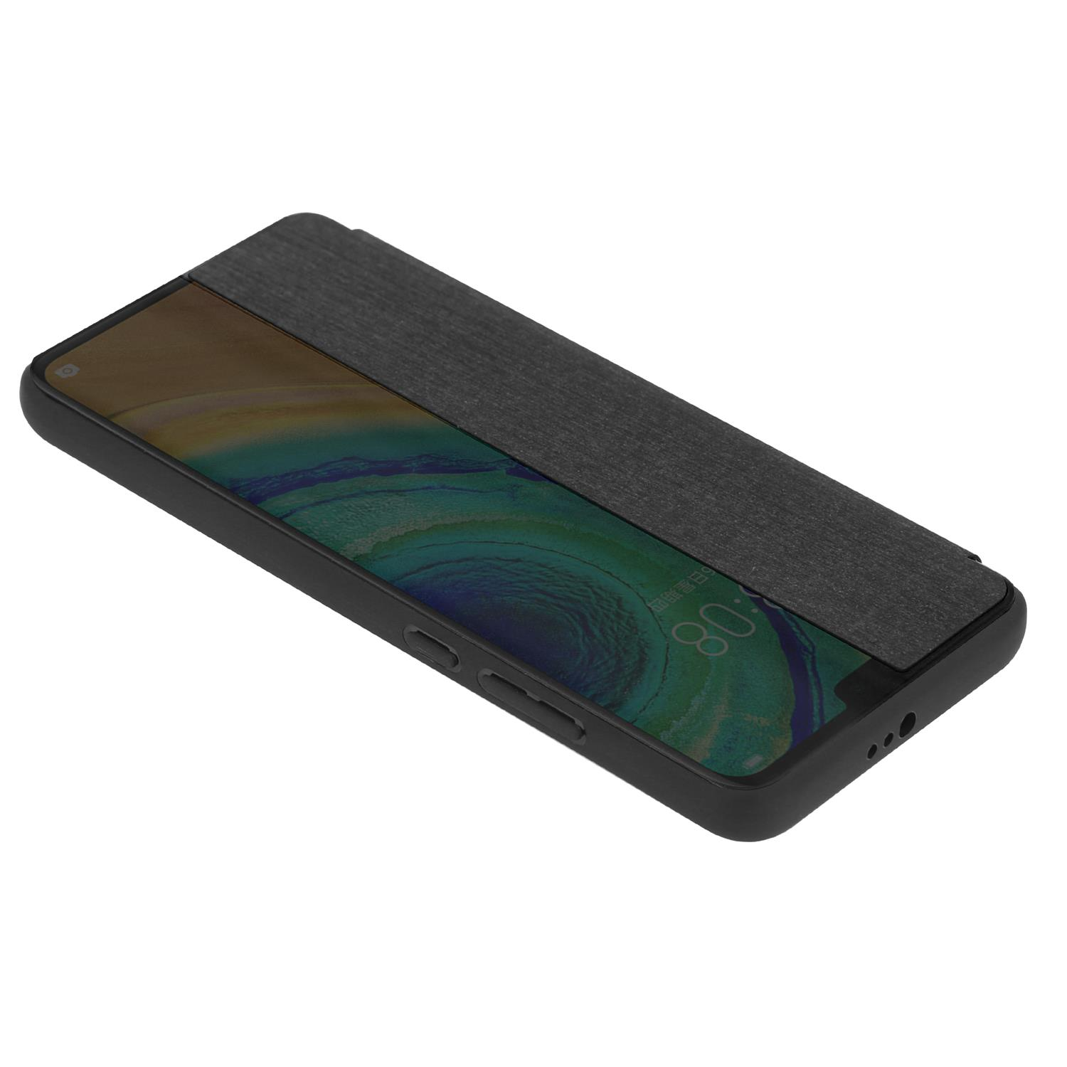 Schwarze Handyhülle auf weißer Oberfläche, die ein Telefon zeigt. Grauer Holz Hintergrund.
