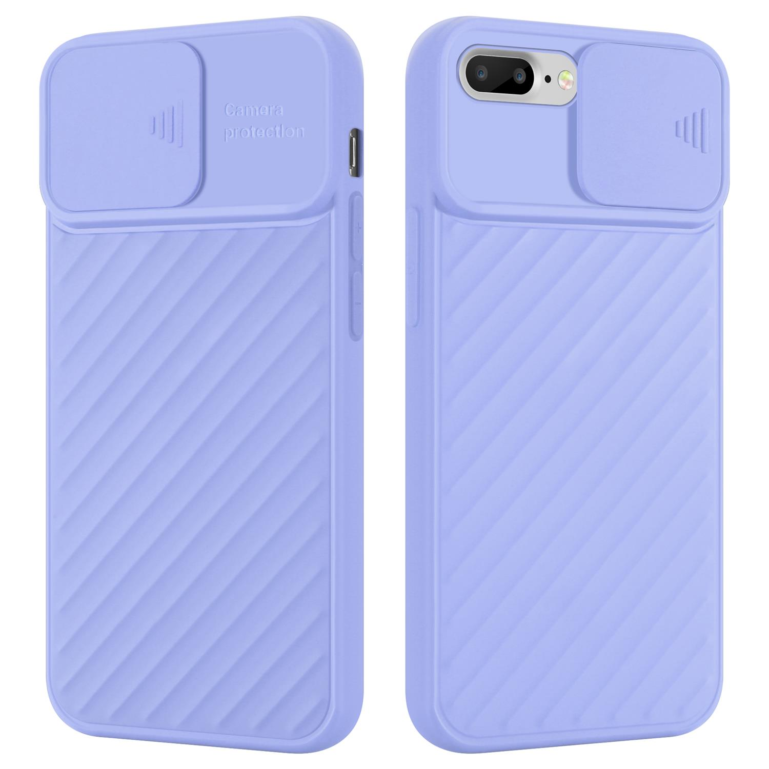 Zwei lavendelfarbene Handyhüllen, eine mit dem Telefon darin, auf weißem Hintergrund.