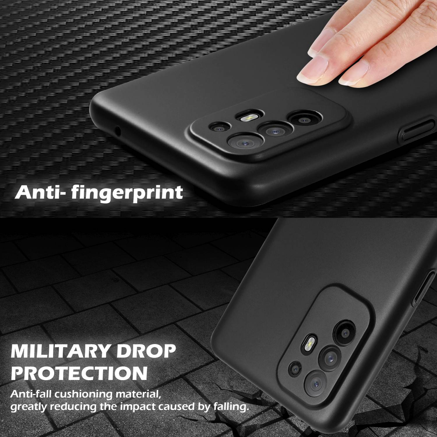 Schwarze Handyhülle mit Text: Anti-Fingerprint, Military Drop Protection. Nahaufnahme der Handykamera.