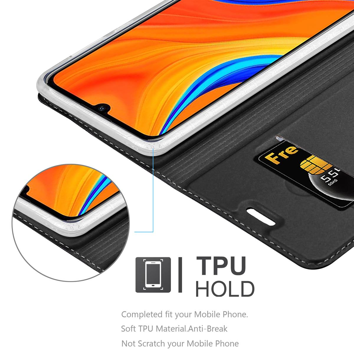 Handyhülle. Ein Telefon in einer Hülle, das eine SIM-Karte zeigt. Schwarz-Weiß-Details.