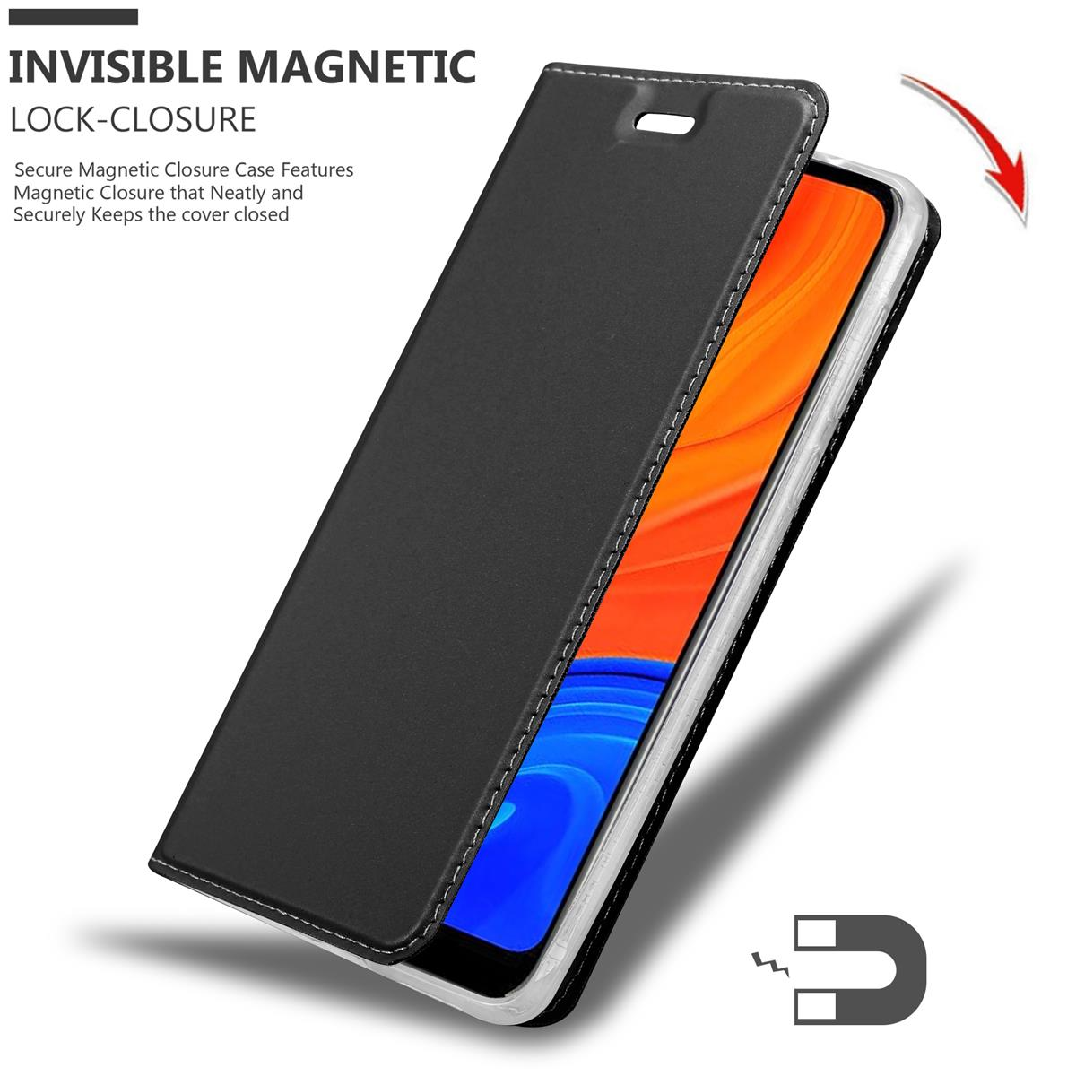 Schwarze Handyhülle, geöffnet, mit Telefon darin. Der Deckel ist halb geöffnet.