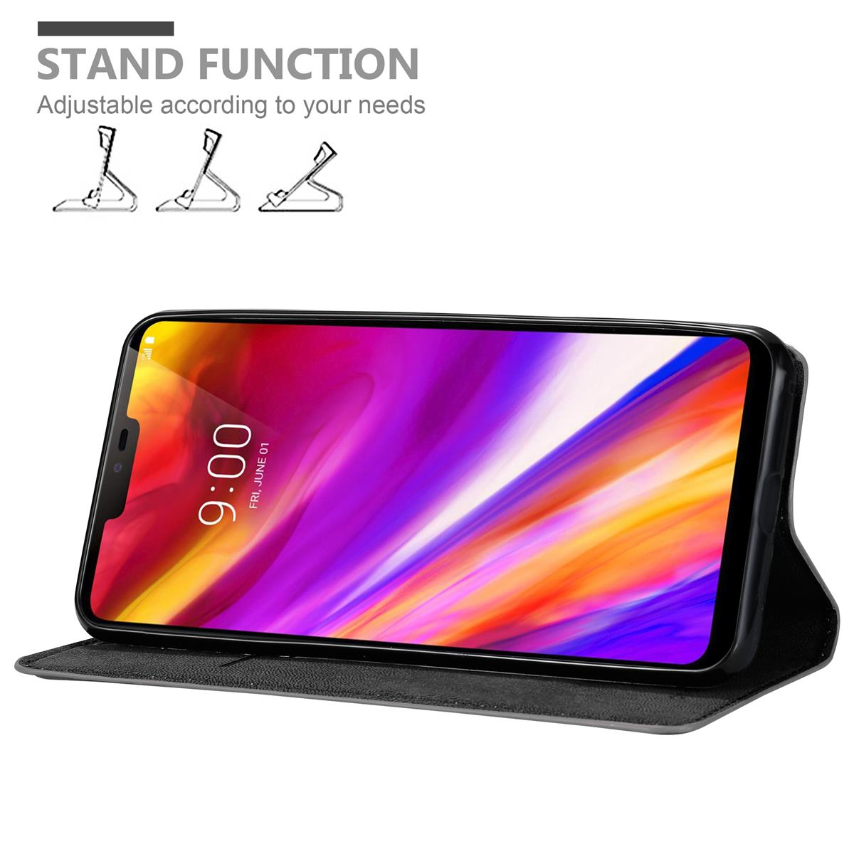 Ein Smartphone in einer schwarzen Hülle wird aufgestellt angezeigt. Der Bildschirm zeigt ein farbenfrohes Bild.