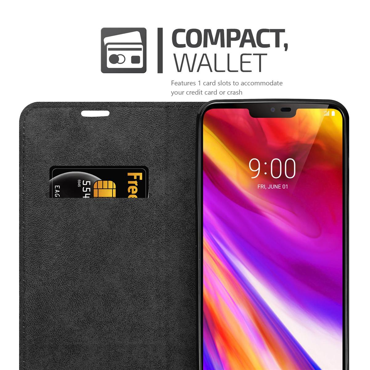 Eine schwarze Handyhülle mit Kreditkartenfach und ein Telefon mit Uhrzeit und Datum.