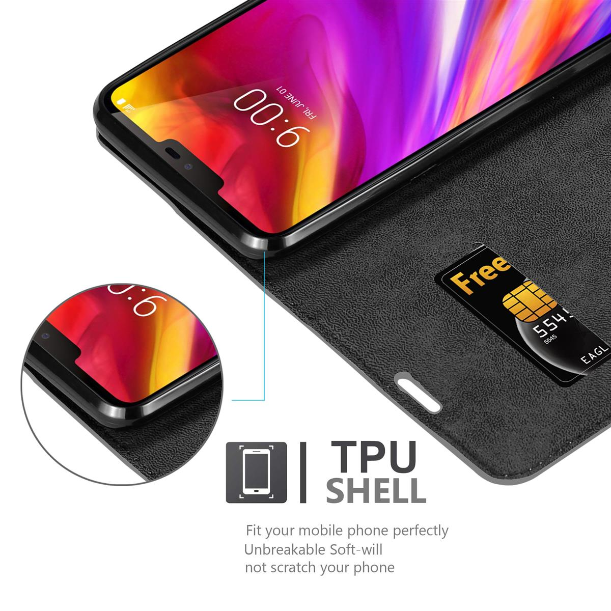 Ein Telefon in einer schwarzen Hülle, eine Karte und Text über TPU-Schale, auf weißem Untergrund.