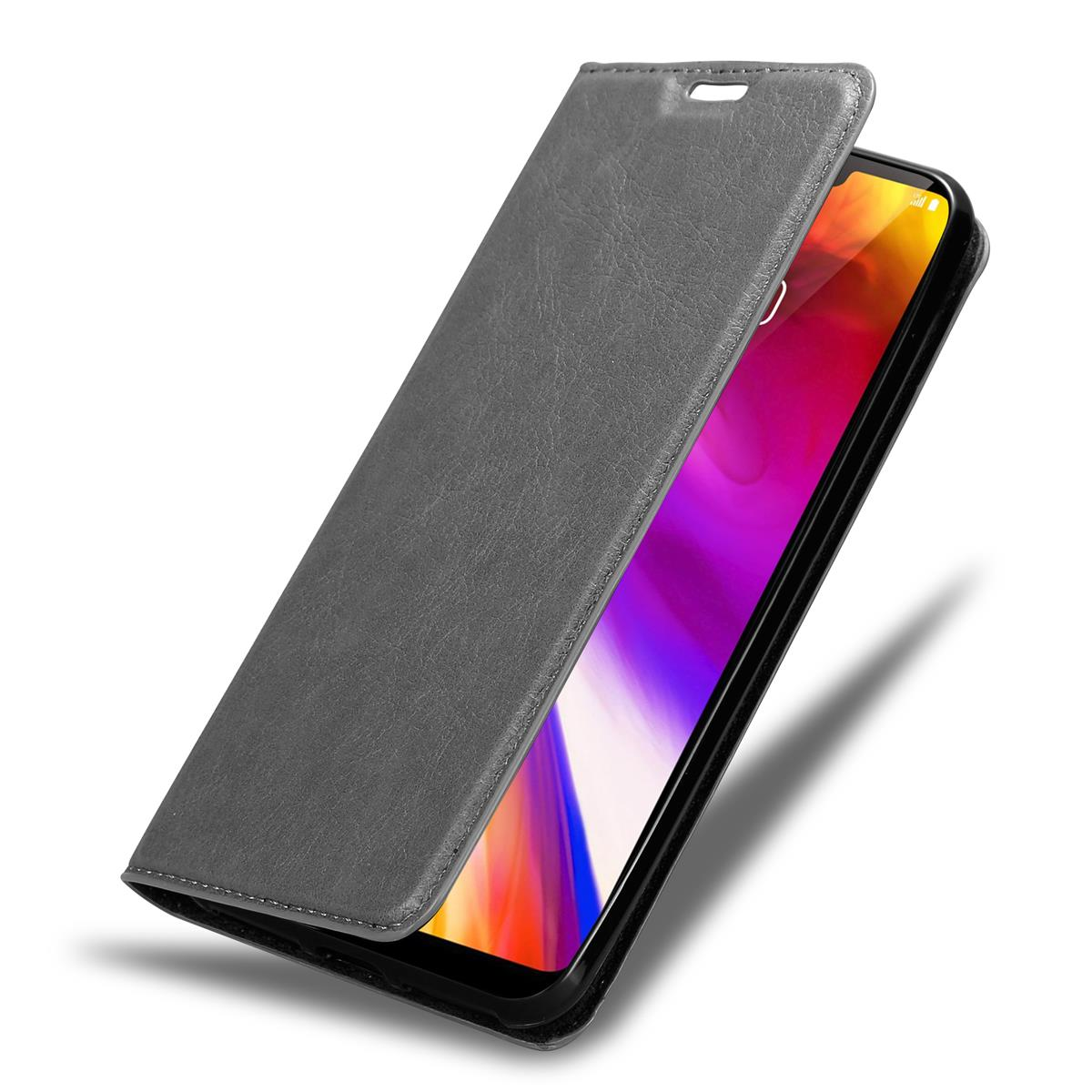 Graue Handyhülle, offen, mit einem Telefon darin, das eine farbenfrohe Anzeige zeigt. Weißer Hintergrund.