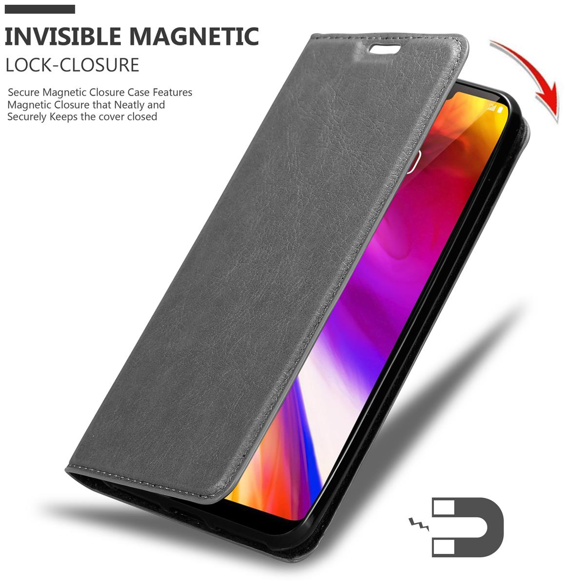 Graue Handyhülle geöffnet, Telefonbildschirm sichtbar. Text: Unsichtbarer Magnetverschluss.