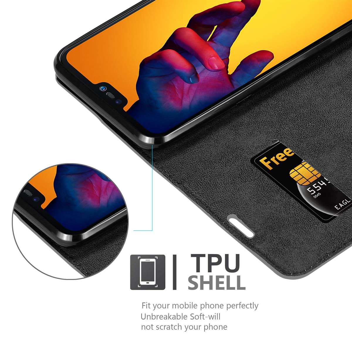Handyhülle mit Telefon, zeigt Karte und TPU-Shell-Beschreibung.
