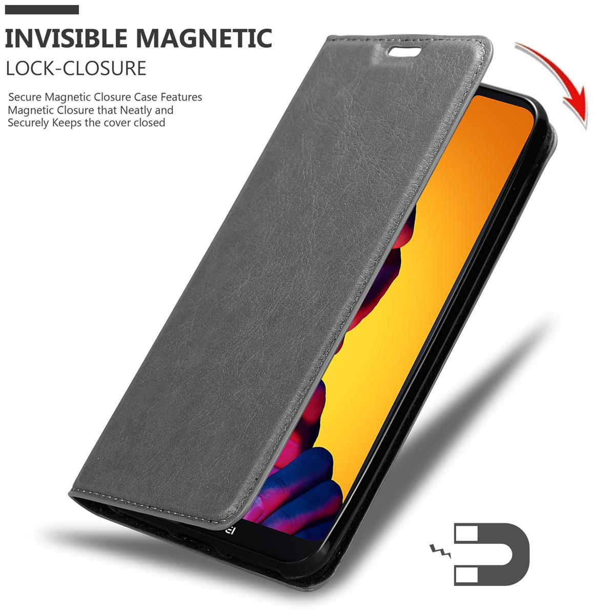Eine graue Handyhülle wird geöffnet und gibt das Telefon mit gelbem Bildschirm und Magnet frei.