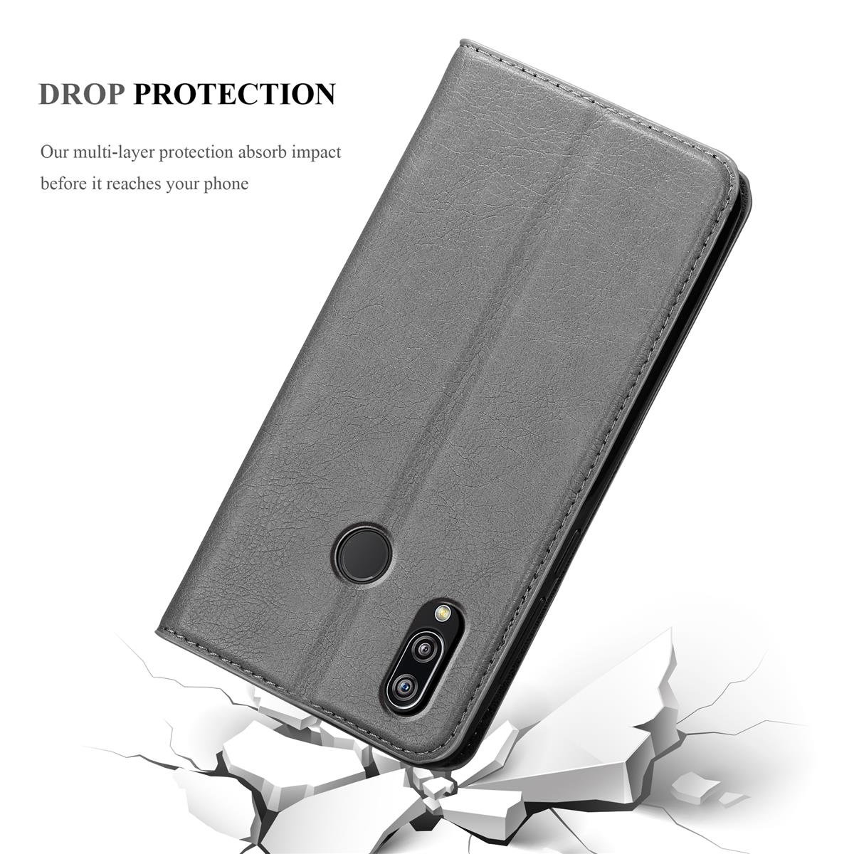 Eine graue Handyhülle mit einem Telefon darin. Die Hülle ist geöffnet, und das Telefon ist sichtbar.