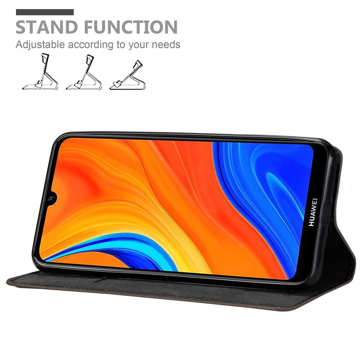 Schwarze Handyhülle mit Huawei-Telefon im Inneren, offen, um den Bildschirm anzuzeigen. Weißer Hintergrund.