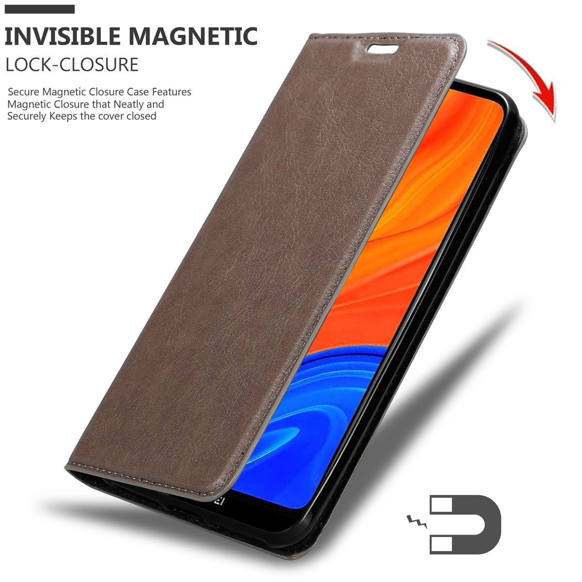 Braune Leder-Handyhülle, geöffnet, mit Telefon. Text hebt unsichtbaren Magnetverschluss hervor.