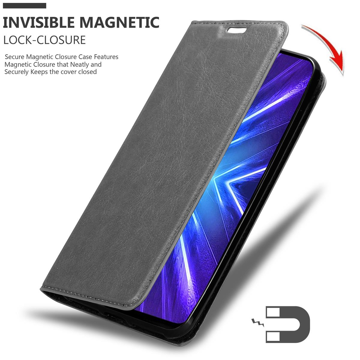 Eine graue Handyhülle mit Magnetverschluss, geöffnet, um das Telefon zu zeigen.