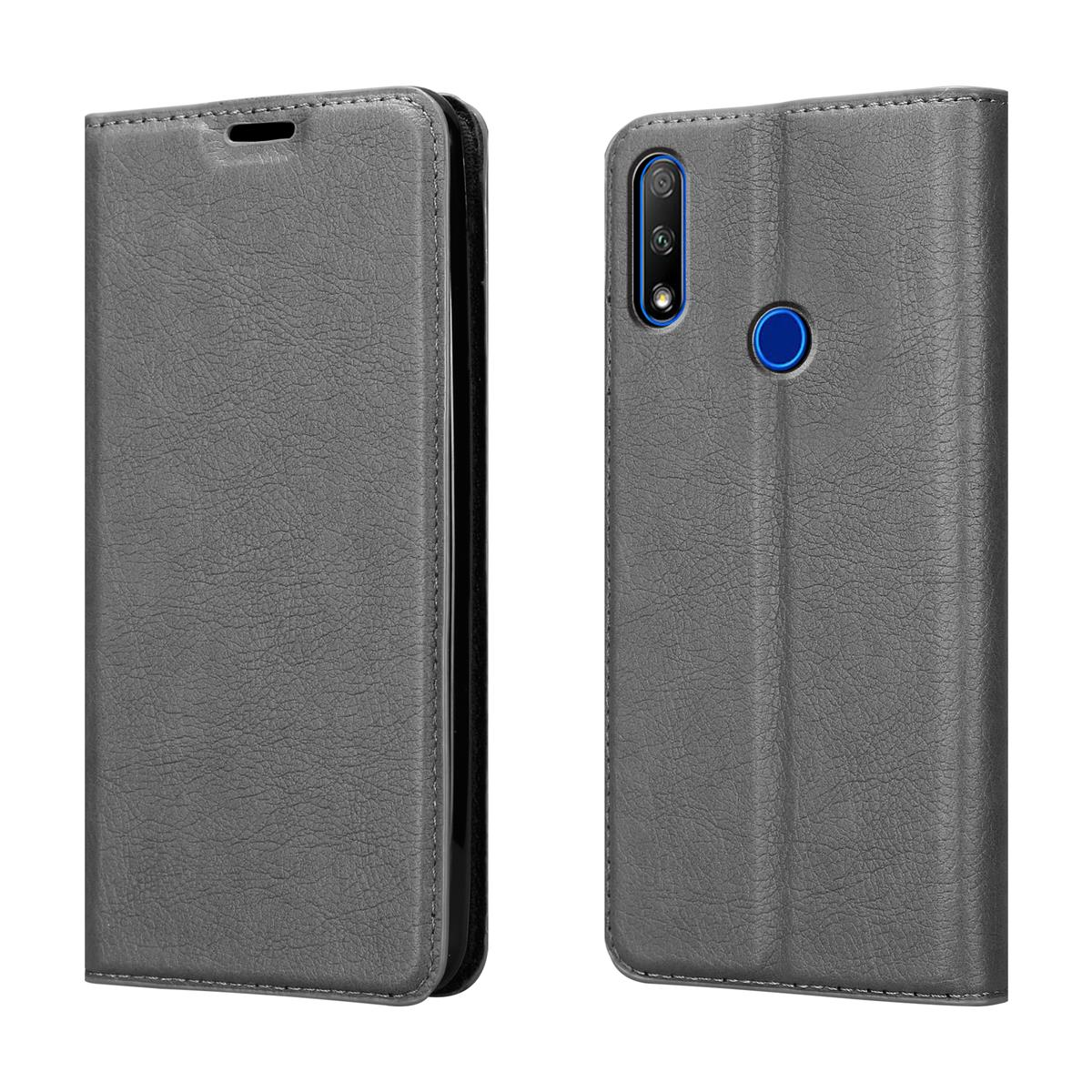 Eine graue Handyhülle, geschlossen und offen, zeigt das Telefon mit einer blauen Kameralinse.