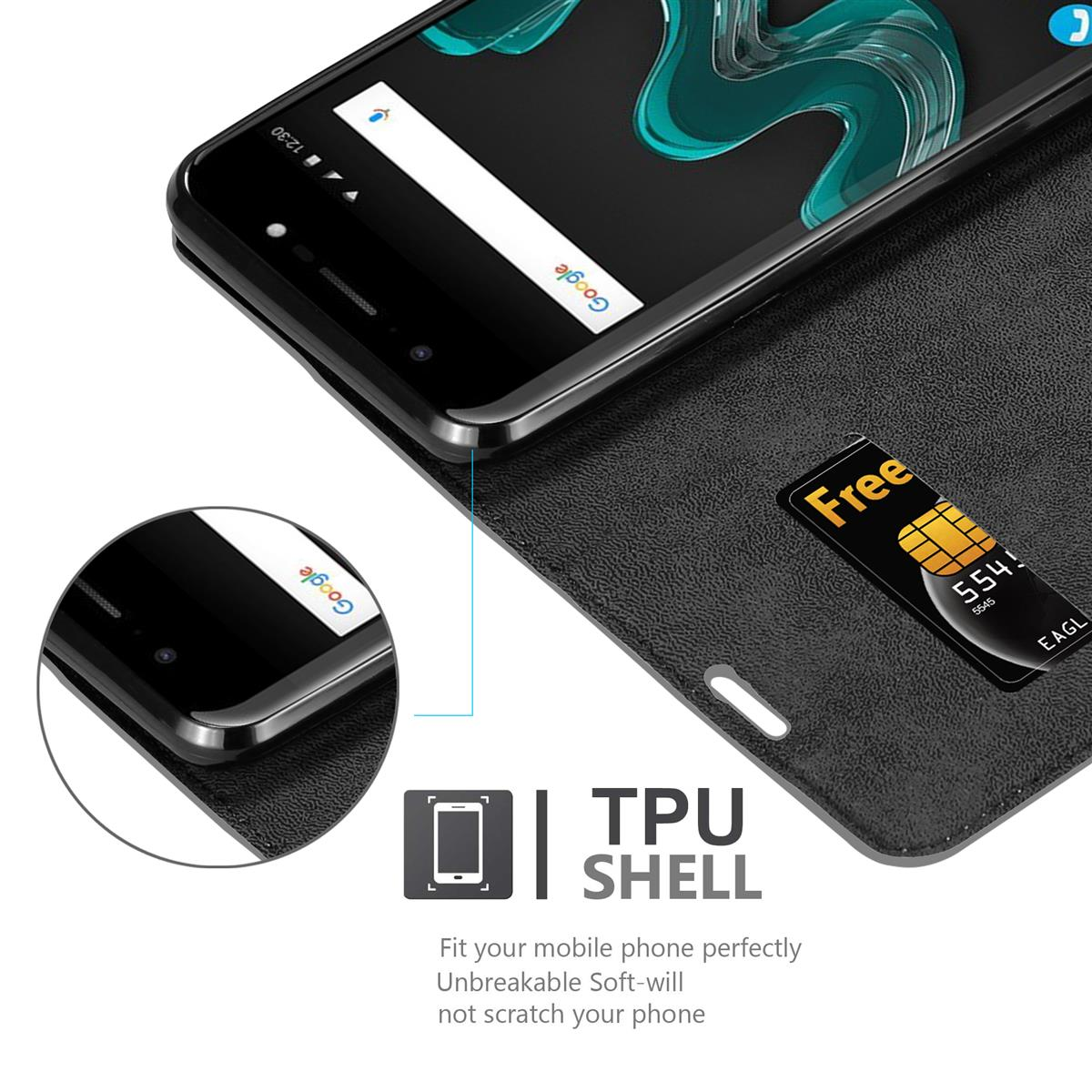 Ein schwarzes Telefon in einer Hülle mit einem Bildschirm, der eine Google-Suchleiste und eine Karte zeigt. Die Hülle ist offen.