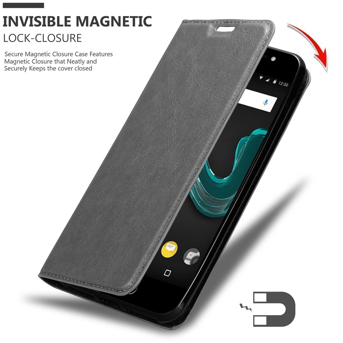 Eine graue Handyhülle öffnet sich und gibt einen Telefonbildschirm frei. Text: 'Unsichtbarer Magnetverschluss'.