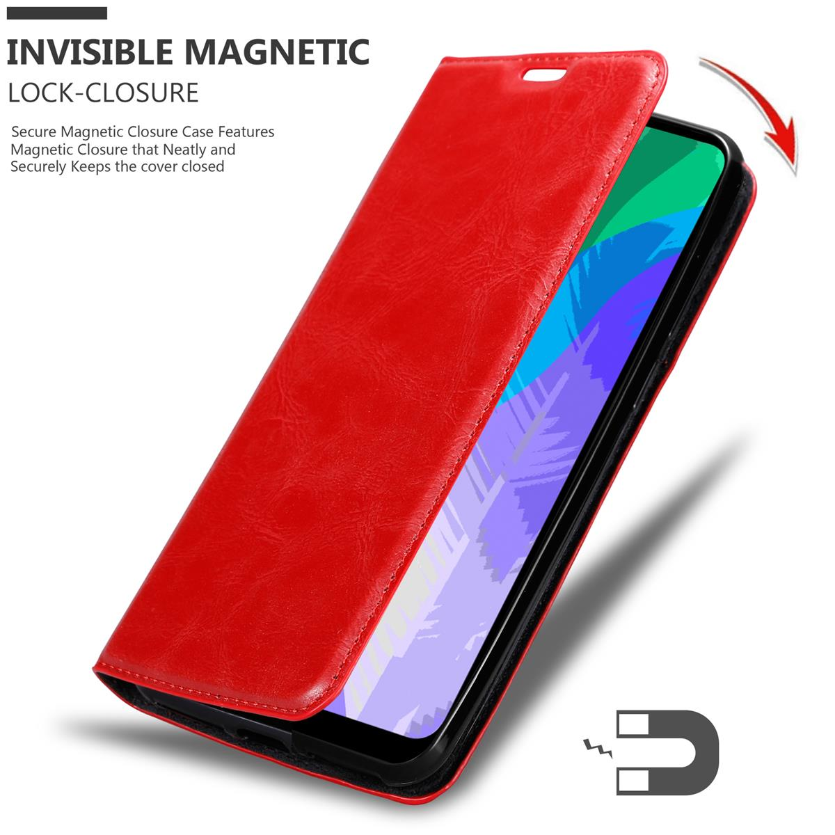 Rote Handyhülle mit Magnetverschluss, geöffnet. Schwarzes Telefon darin. Magnetsymbol sichtbar.