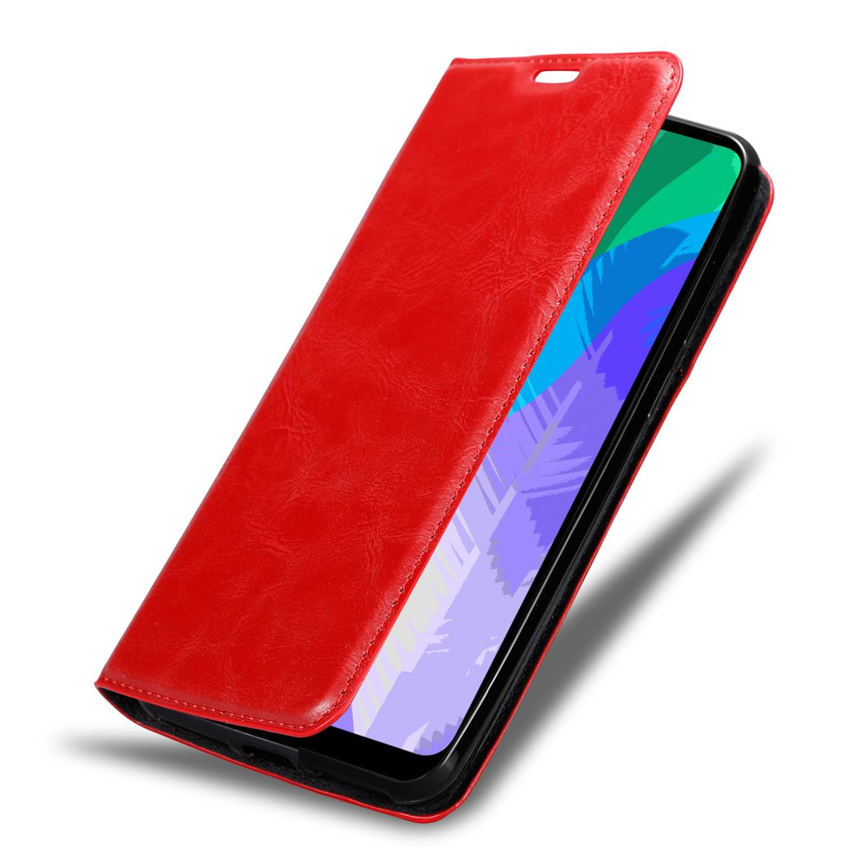 Rote Leder-Handyhülle mit geöffnetem Telefon. Grünes und lilafarbenes Muster.