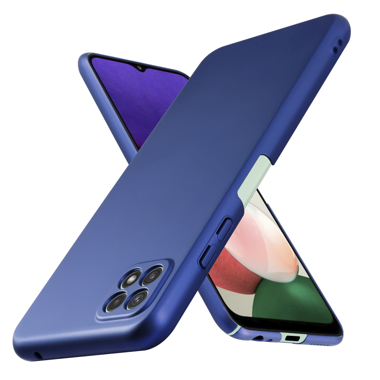 Zwei blaue Telefonhüllen. Eine ist abgewinkelt und zeigt den Bildschirm und die Kameradetails des Telefons.