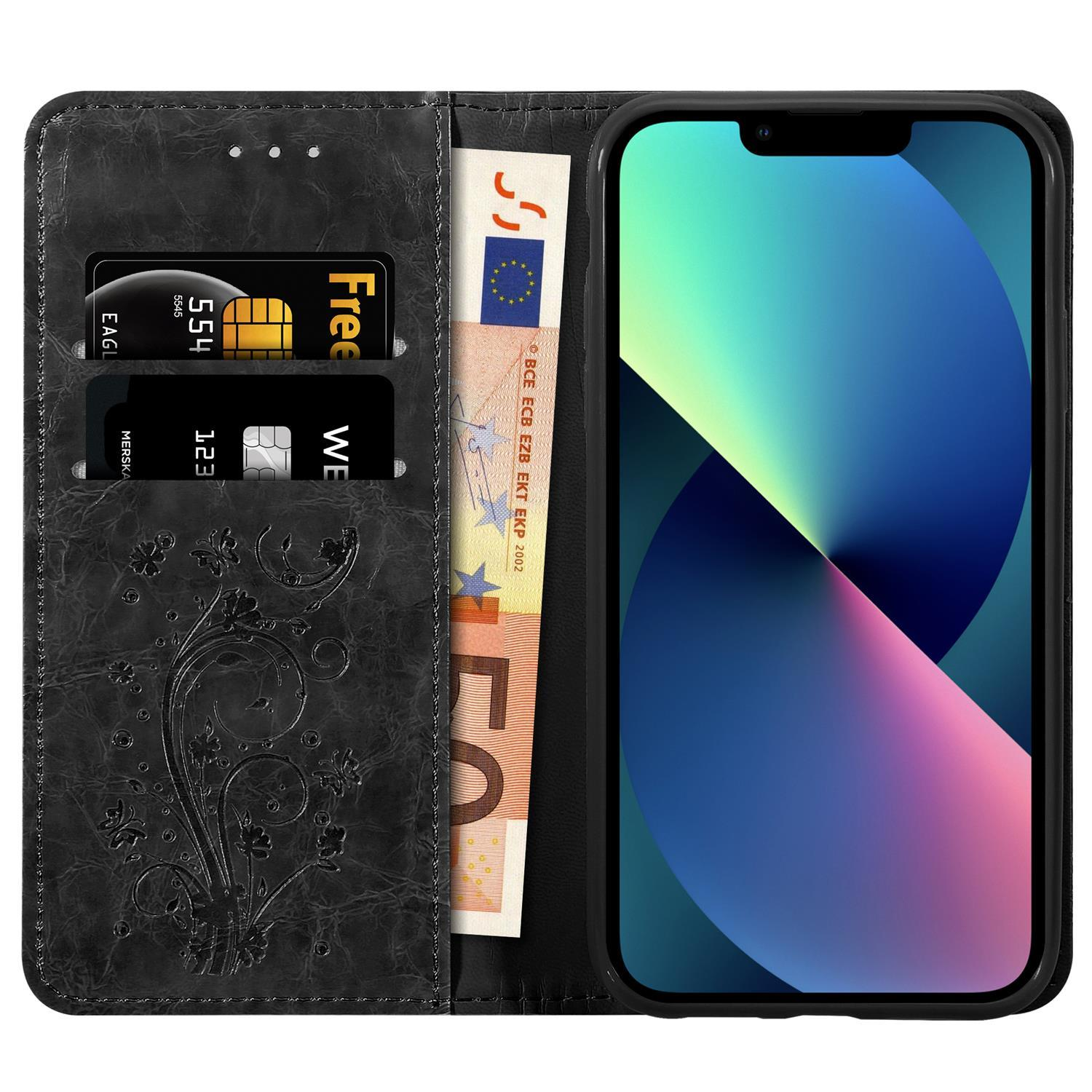 Eine geöffnete Handy-Geldbörsenhülle mit Geld und Karten, und der Telefonbildschirm ist sichtbar.