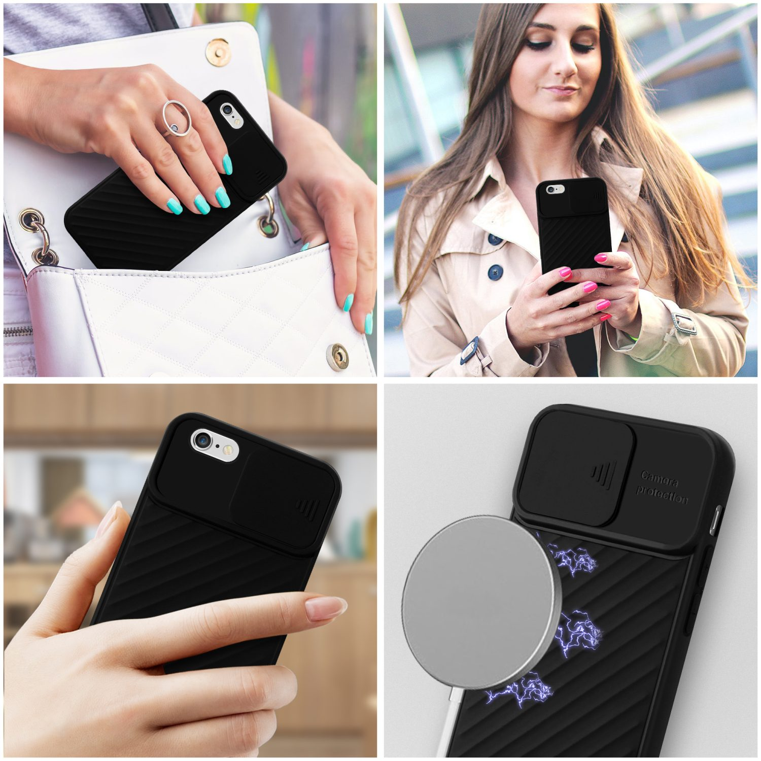Collage einer schwarzen Handyhülle mit Kameraabdeckung, die auf einem Telefon verwendet wird.