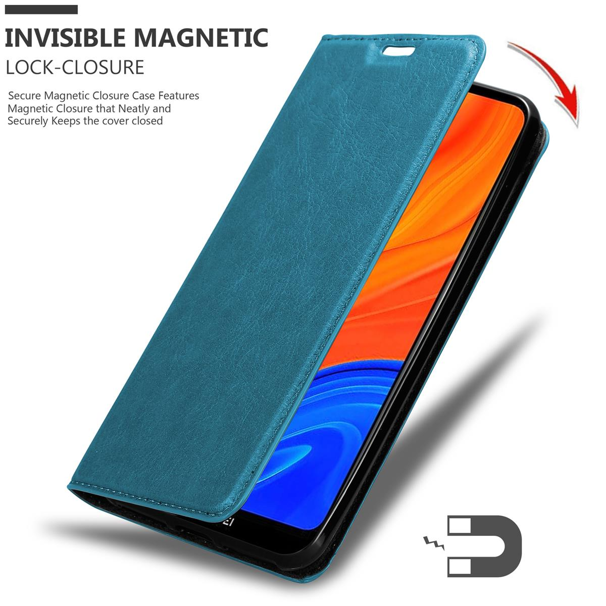 Türkisfarbene Handyhülle offen, orangefarbener Bildschirm sichtbar. Text: Unsichtbarer Magnetverschluss. Ein Magnet-Symbol.