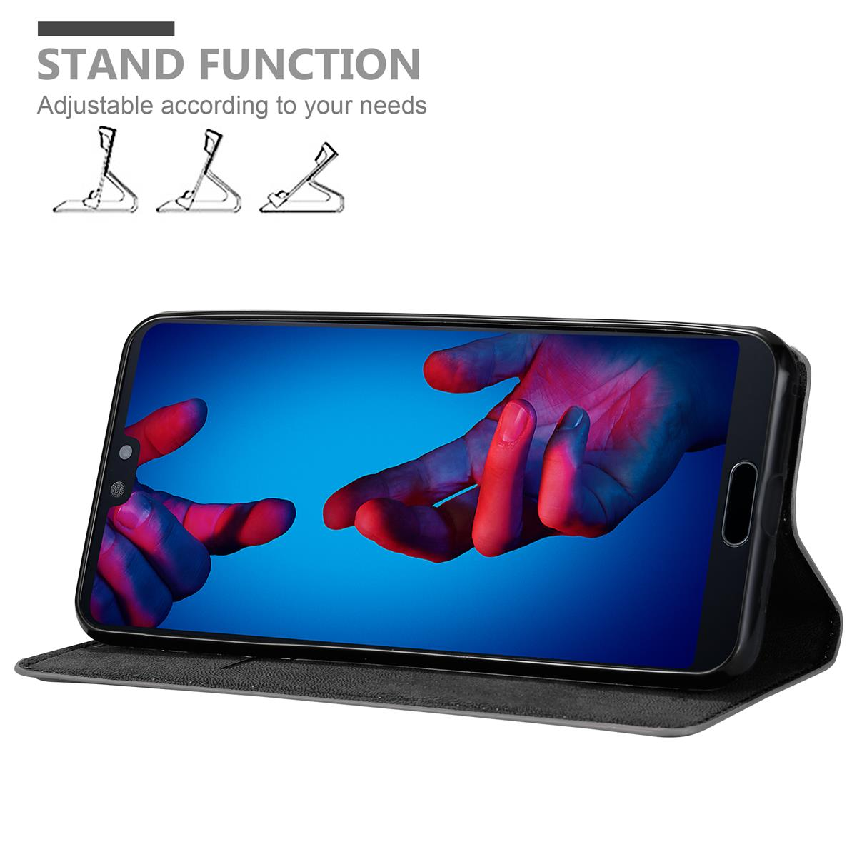 Telefon in schwarzer Hülle, Bildschirm zeigt blaues und rotes abstraktes Design. Ständerfunktion.