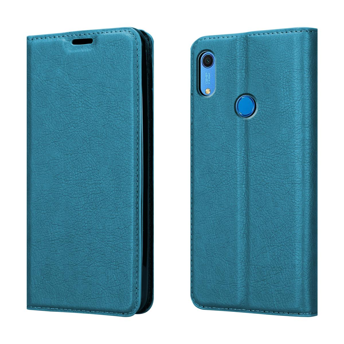 Blaue Handyhülle offen, zeigt ein Telefon mit Kamera. Die Hülle ist auf der anderen Seite geschlossen.