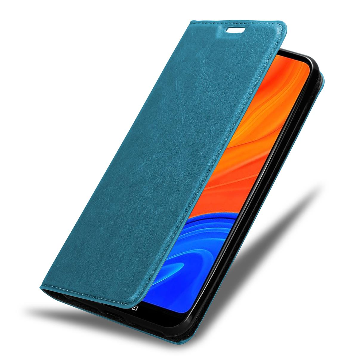 Türkisfarbene Handyhülle mit geöffnetem Telefon. Der Telefonbildschirm ist sichtbar.