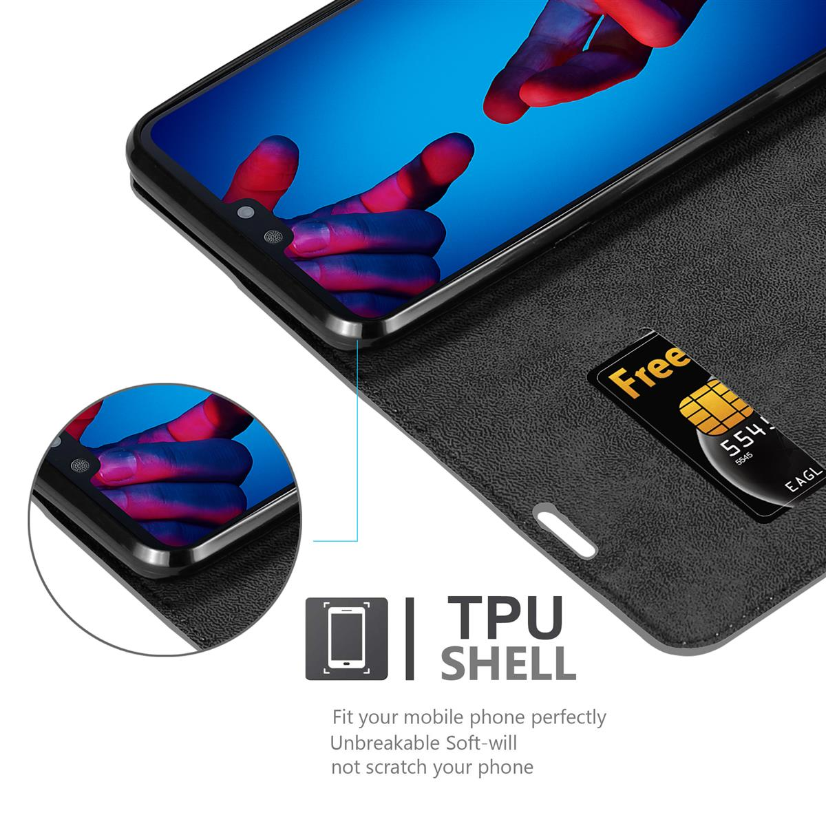Telefon mit Hülle. Eine schwarze Handyhülle im Brieftaschen-Design, die eine Karte und das Telefon zeigt.