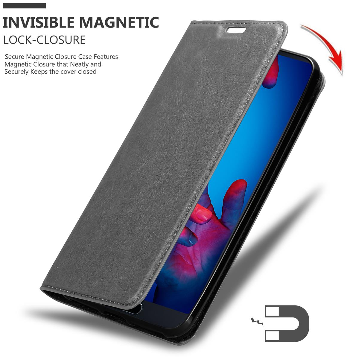 Ein Telefon in einer grauen Hülle, offen. Text: INVISIBLE MAGNETIC LOCK-CLOSURE. Ein Magnet-Symbol.