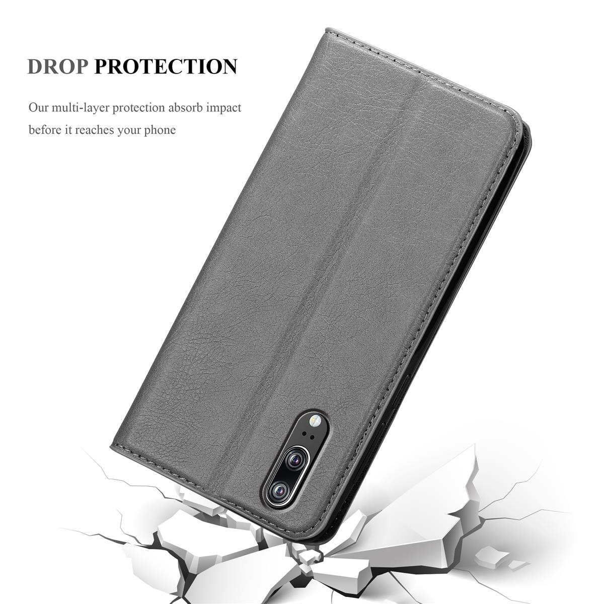Eine graue Handyhülle liegt offen, abgewinkelt, mit einem Telefon darin. Text oben: DROP PROTECTION.