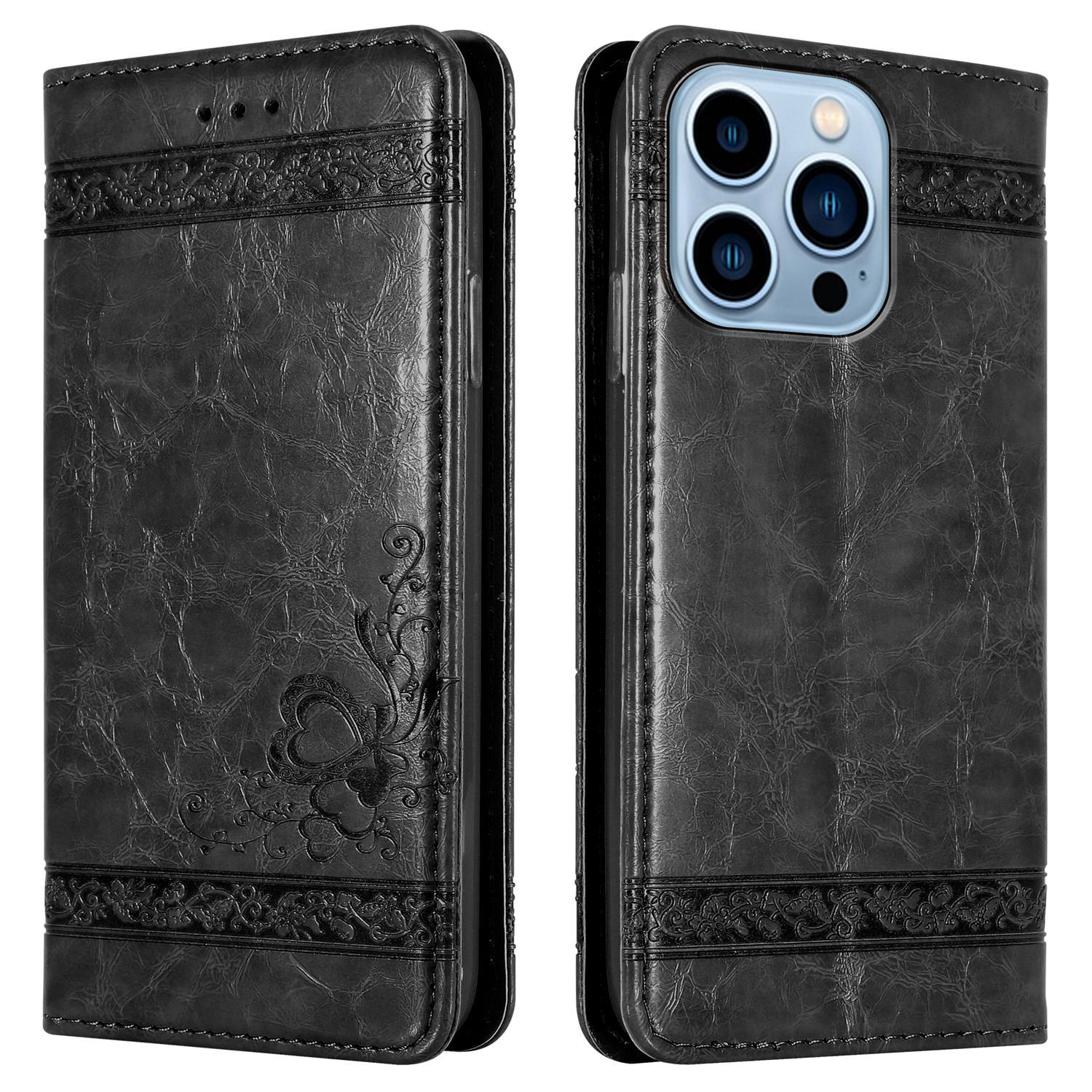 Schwarze Leder-Handyhülle mit floralem Design auf der Vorderseite.