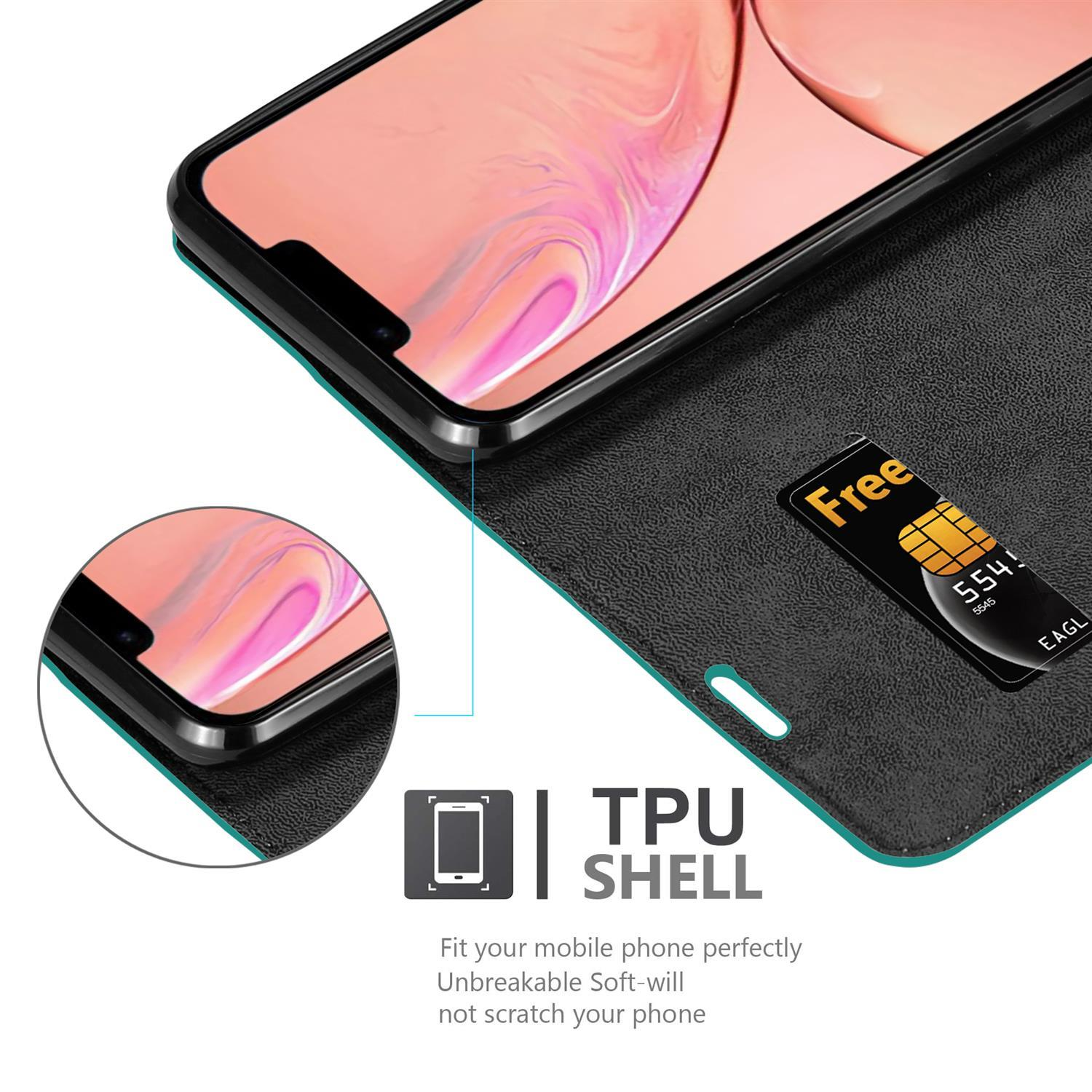 Eine türkisfarbene Handyhülle mit Telefon, Kreditkarte sichtbar, mit TPU-Shell-Text.