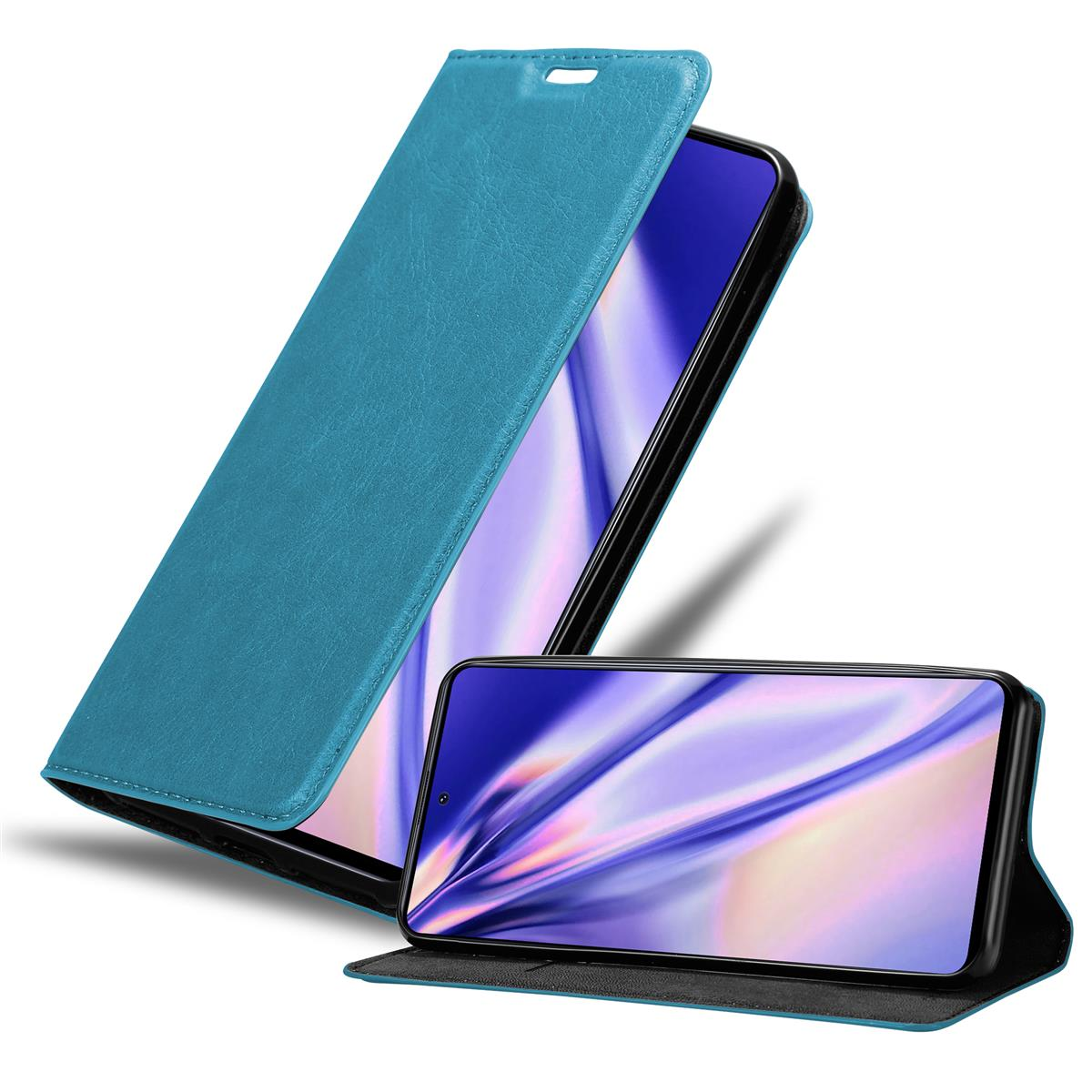 Blaue Handyhülle, offen, mit Telefon darin. Ein weiteres Telefon steht daneben.