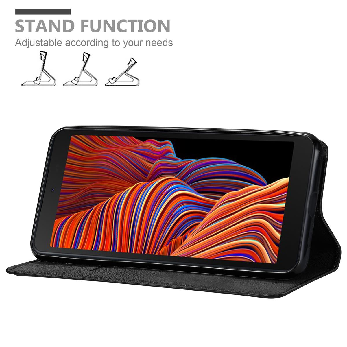 Telefon in einer schwarzen Hülle, in einer Standfunktion angezeigt, mit einstellbaren Standfunktionsillustrationen.