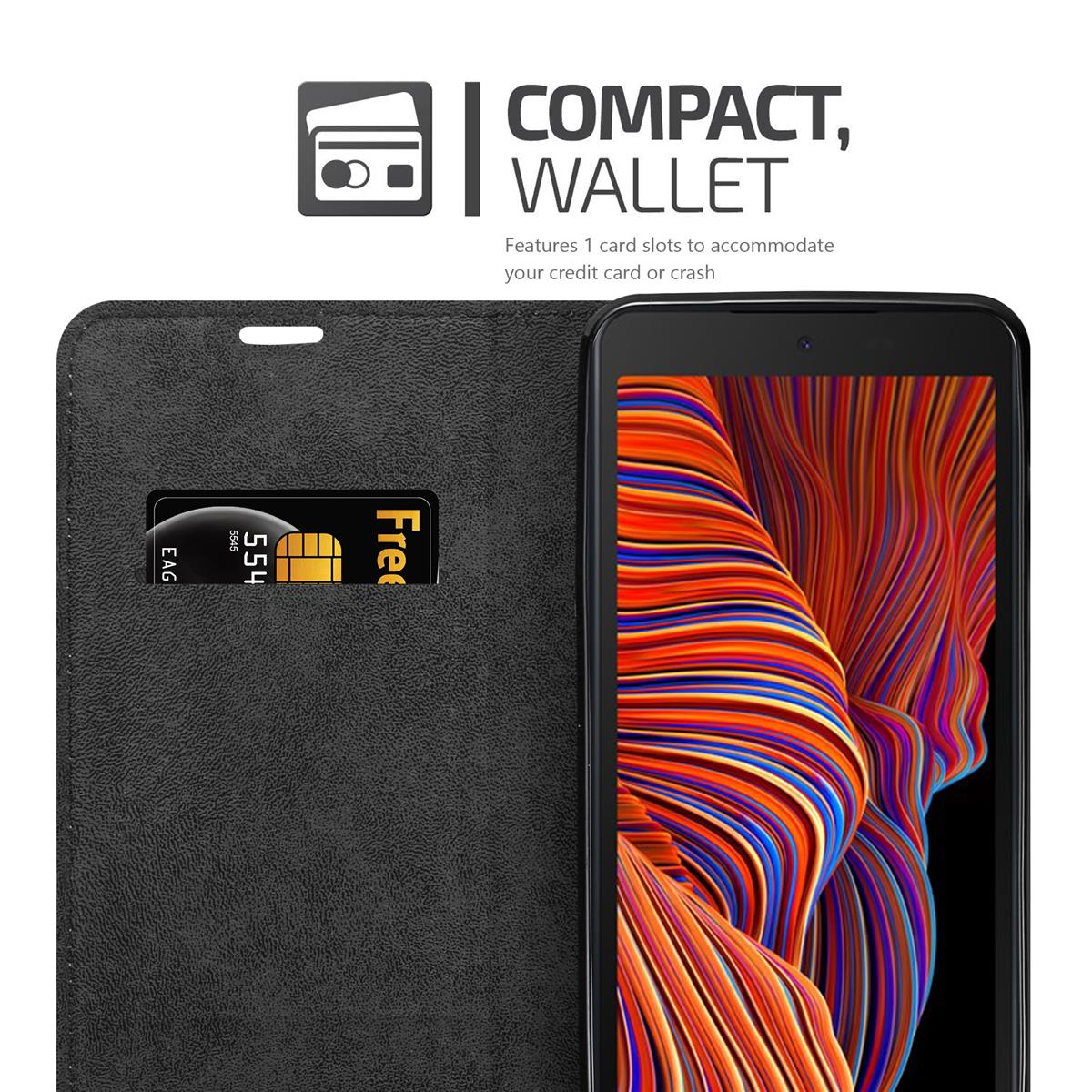 Schwarze Telefonhülle geöffnet mit Kartenfach und Kreditkarte. Kompaktes Wallet-Design.
