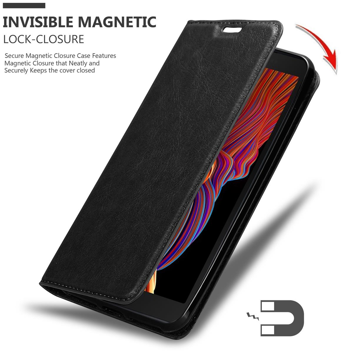 Eine schwarze Handyhülle mit Magnetverschluss wird geöffnet gezeigt und gibt ein Telefon im Inneren frei.