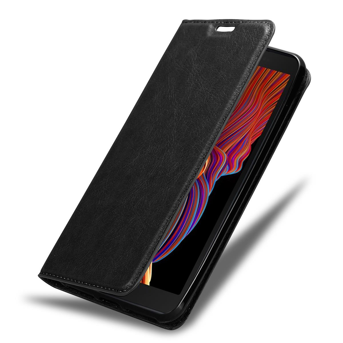 Schwarze Leder-Handyhülle, geöffnet, um das Telefon im Inneren und den Bildschirm zu zeigen.