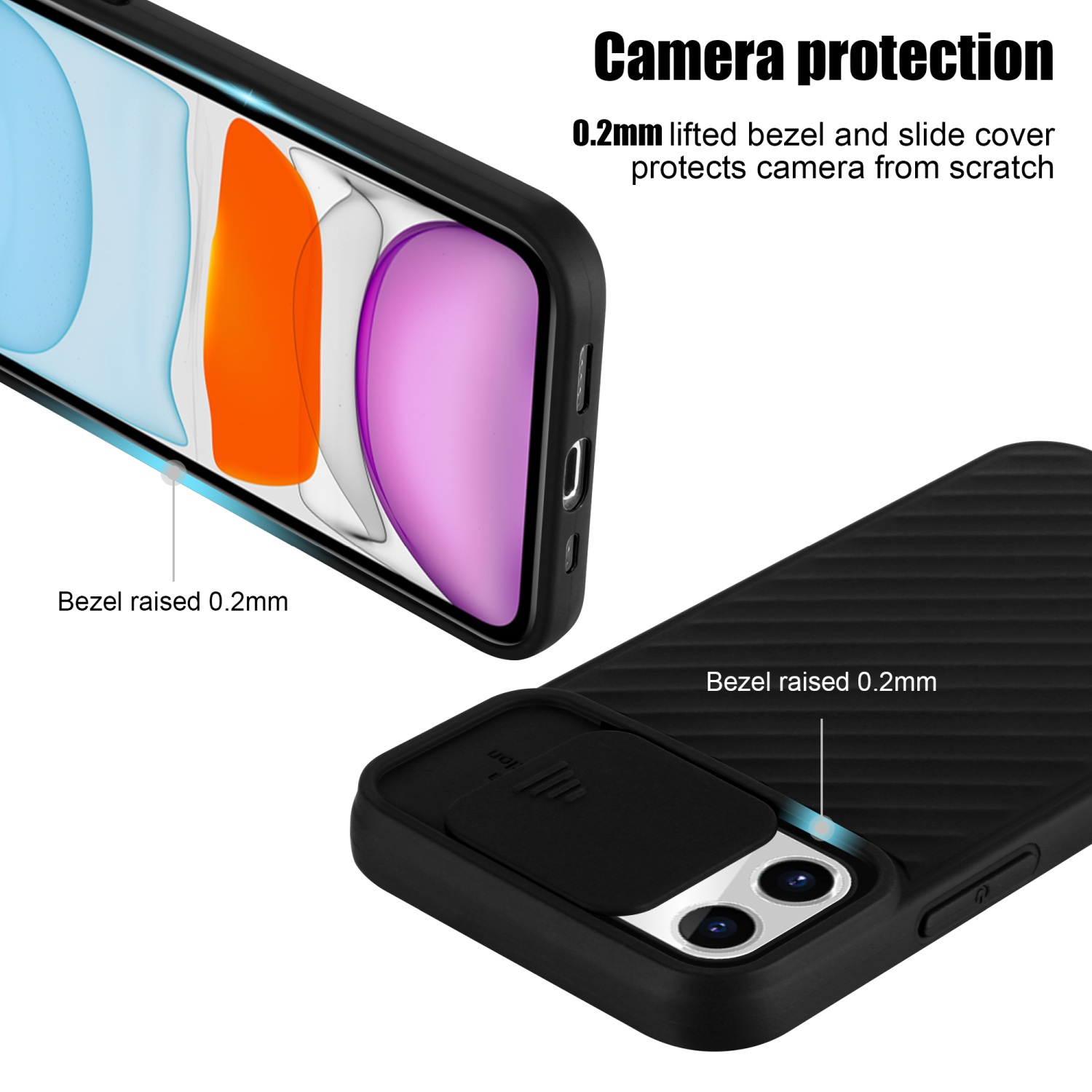 Una custodia per telefono con protezione della fotocamera. La custodia è nera.