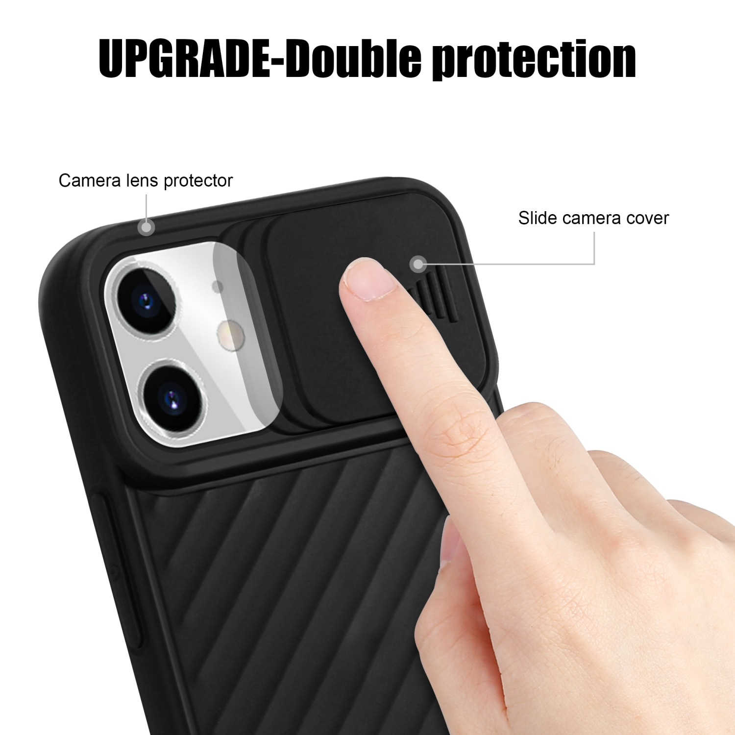 Custodia per telefono nera con copertura della fotocamera, mano che regola la copertura. Testo: Aggiornamento-doppia protezione.