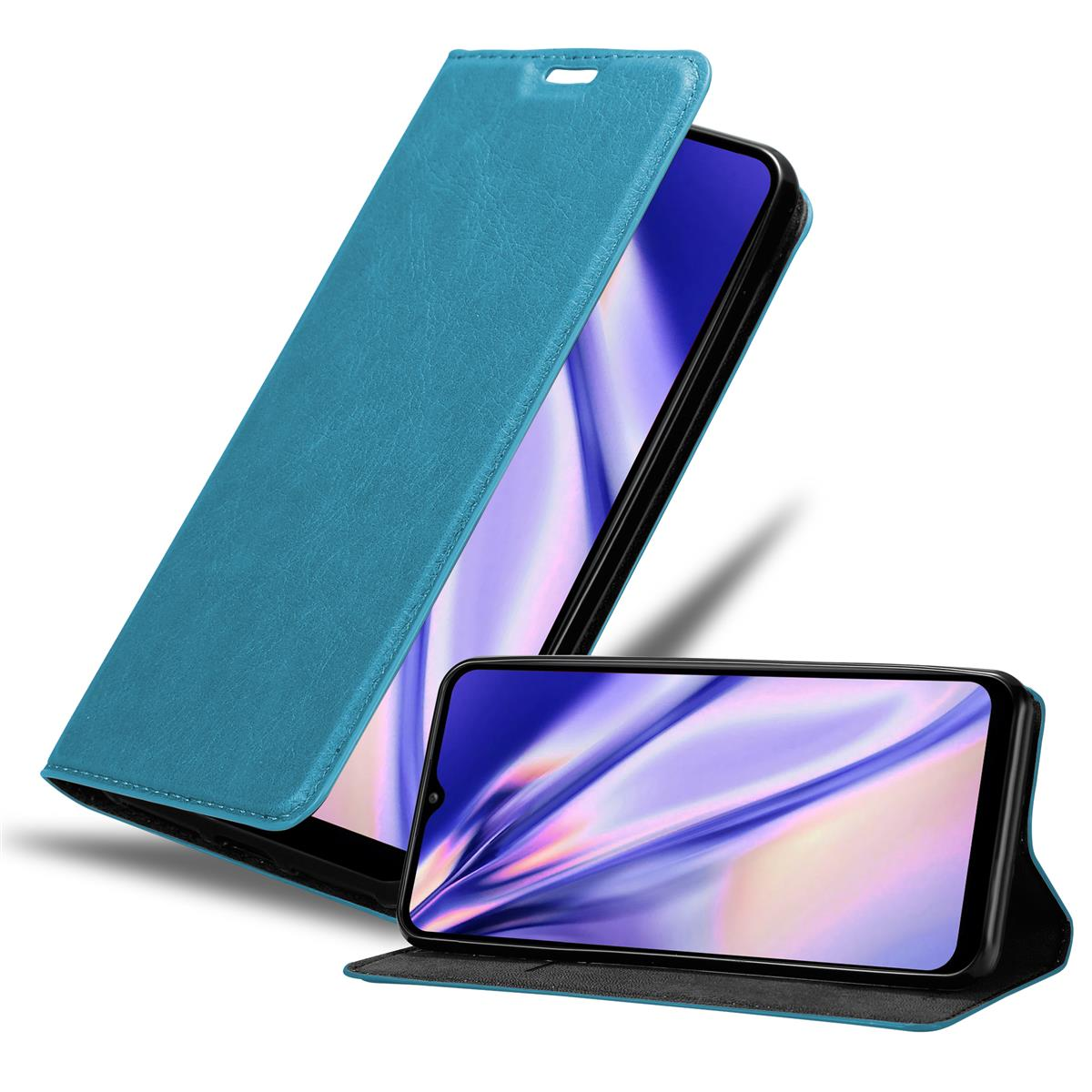 Blaue Handyhülle, offen. Telefon ist unten. Weißer Hintergrund.