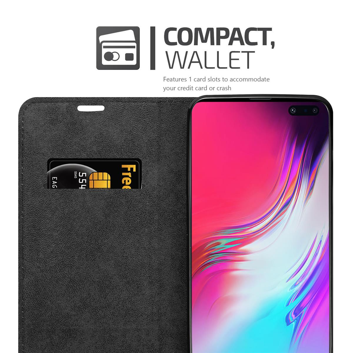 Schwarze Handyhülle mit Kreditkartenfach, geöffnet. Ein Telefon mit pinkfarbenem Display ist sichtbar.