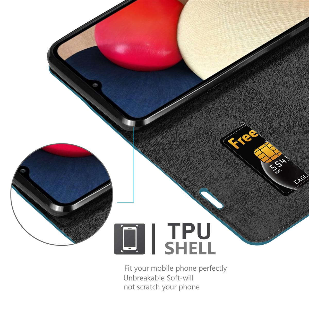 Eine Handyhülle mit Telefon, Karte und dem Wort 'TPU SHELL'.