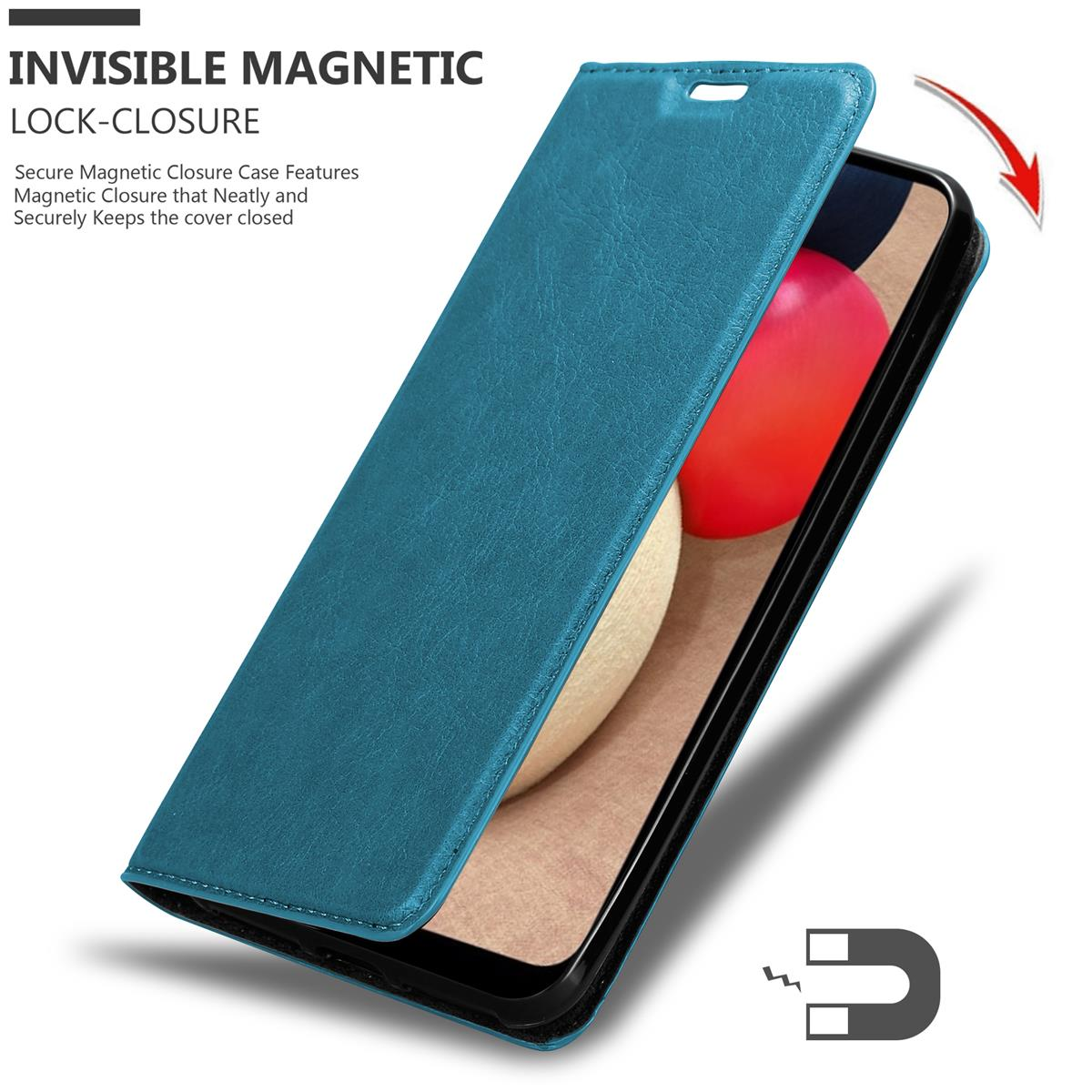 Blaue Handyhülle offen, Telefon enthüllt. Ein Magnet-Symbol unten. Weißer Hintergrund.