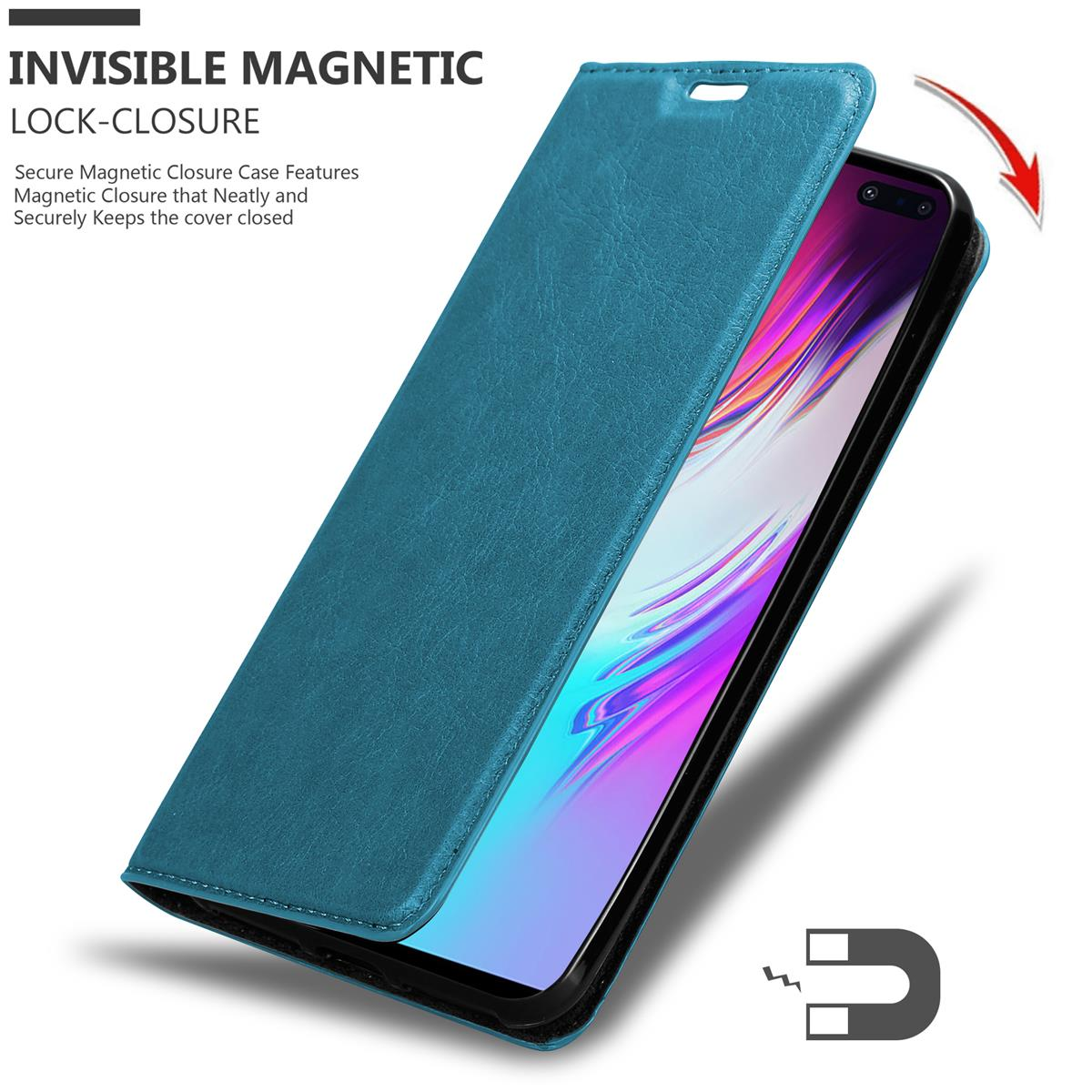 Türkisfarbene Handyhülle, offen und zeigt das Telefon. Text: Unsichtbarer Magnetverschluss. Pfeil nach unten.