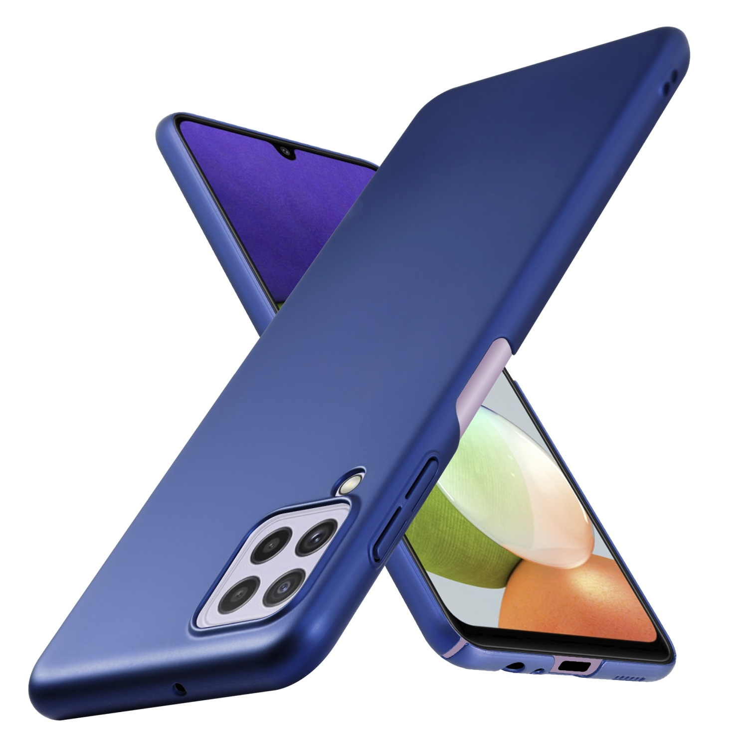 Zwei blaue Telefone und Hüllen. Eins nach oben, das andere mit Kameras.